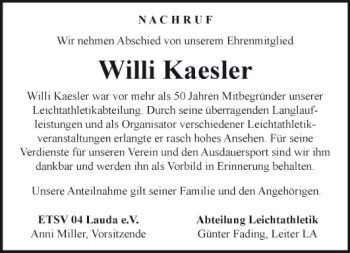 Traueranzeige von Willi Kaesler von Fränkische Nachrichten