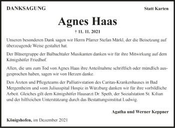 Traueranzeige von Agnes Haas von Fränkische Nachrichten