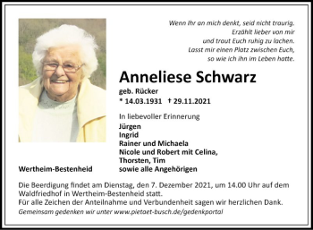 Traueranzeige von Anneliese Schwarz von Fränkische Nachrichten