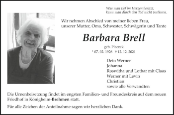 Traueranzeige von Barbara Brell von Fränkische Nachrichten