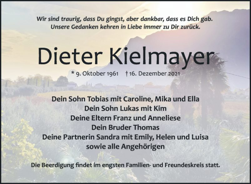  Traueranzeige für Dieter Kielmayer vom 21.12.2021 aus Mannheimer Morgen