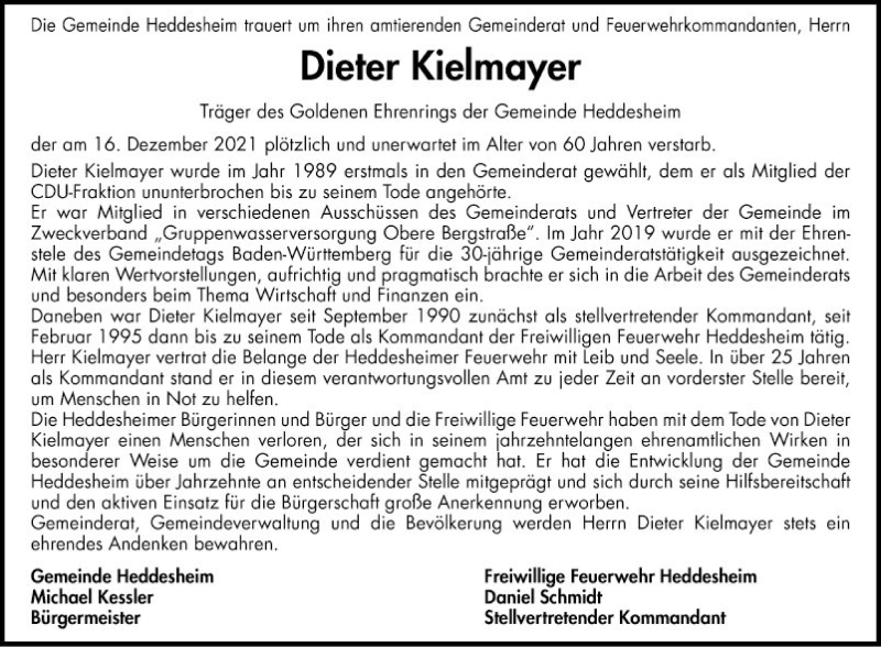  Traueranzeige für Dieter Kielmayer vom 22.12.2021 aus Mannheimer Morgen