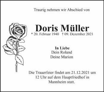 Traueranzeige von Doris Müller von Mannheimer Morgen