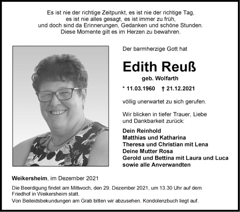  Traueranzeige für Edith Reuß vom 24.12.2021 aus Fränkische Nachrichten