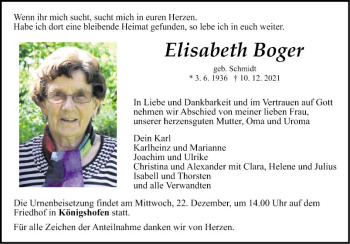 Traueranzeige von Elisabeth Boger von Fränkische Nachrichten