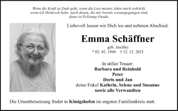 Traueranzeige von Emma Schäffner von Fränkische Nachrichten