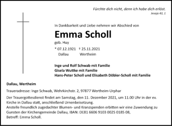 Traueranzeige von Emma Scholl von Fränkische Nachrichten
