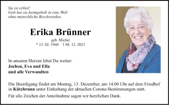 Traueranzeige von Erika Brünner von Fränkische Nachrichten
