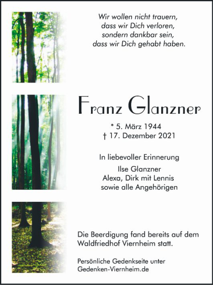  Traueranzeige für Franz Glanzner vom 28.12.2021 aus Südhessen Morgen