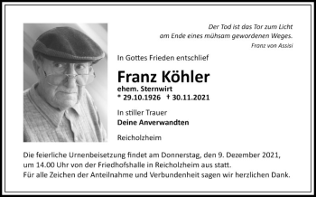 Traueranzeige von Franz Köhler von Fränkische Nachrichten