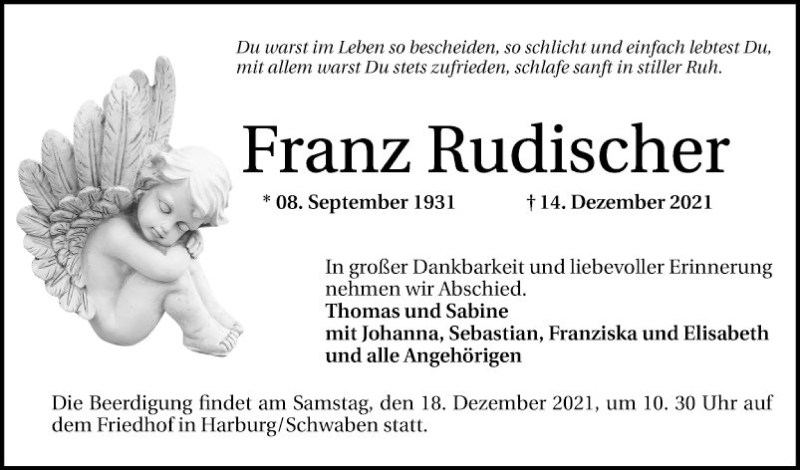  Traueranzeige für Franz Rudischer vom 18.12.2021 aus Mannheimer Morgen