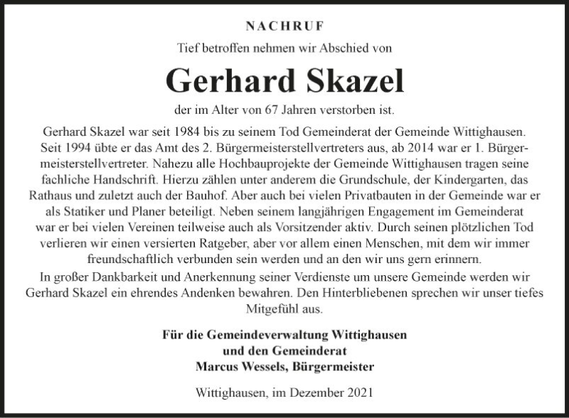  Traueranzeige für Gerhard Skazel vom 18.12.2021 aus Fränkische Nachrichten