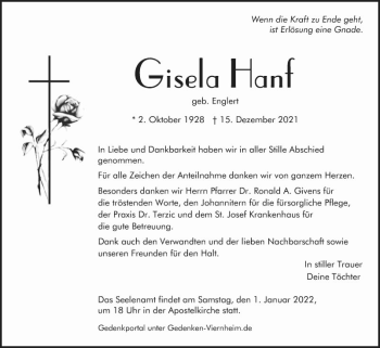 Traueranzeige von Gisela Hanf von Südhessen Morgen