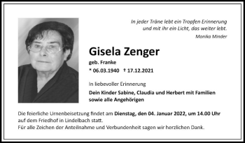 Traueranzeige von Gisela Zenger von Fränkische Nachrichten