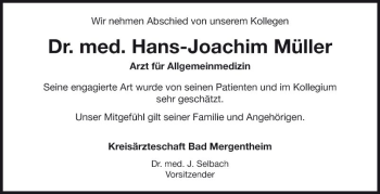 Traueranzeige von Hans-Joachim Müller von Fränkische Nachrichten