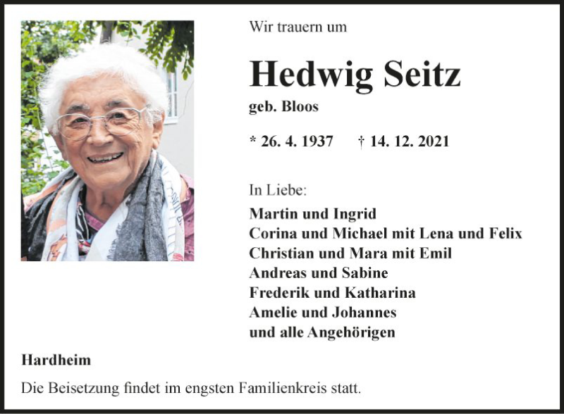  Traueranzeige für Hedwig Seitz vom 18.12.2021 aus Fränkische Nachrichten