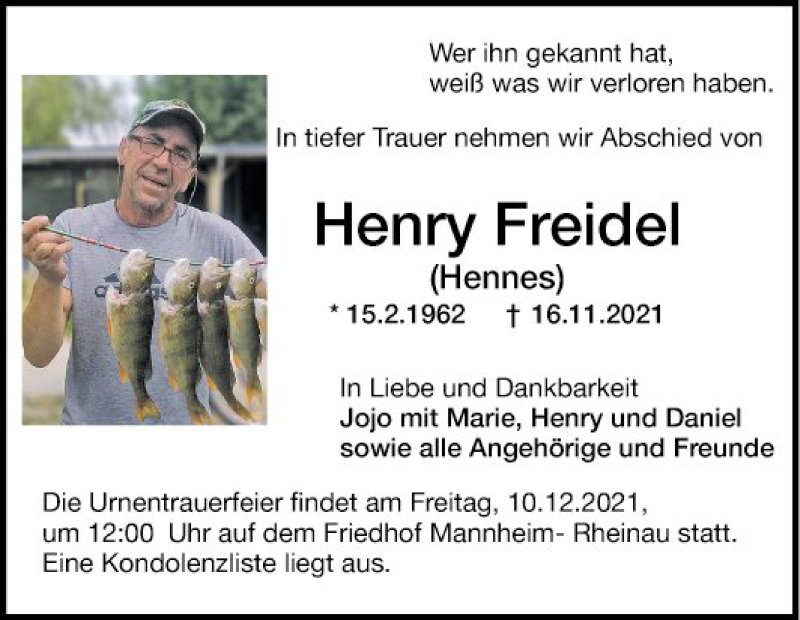  Traueranzeige für Henry Freidel vom 04.12.2021 aus Mannheimer Morgen