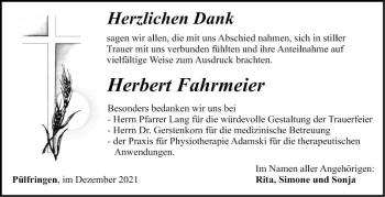 Traueranzeige von Herbert Fahrmeier von Fränkische Nachrichten