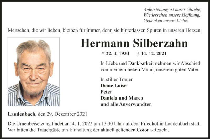  Traueranzeige für Hermann Silberzahn vom 29.12.2021 aus Fränkische Nachrichten