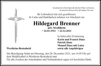 Traueranzeige von Hildegard Brenner von Fränkische Nachrichten