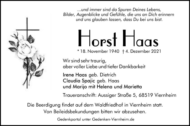  Traueranzeige für Horst Haas vom 08.12.2021 aus Südhessen Morgen
