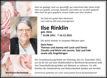 Traueranzeige von Ilse Rinklin von Fränkische Nachrichten