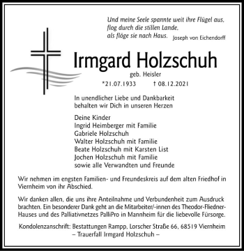 Traueranzeige von Irmgard Holzschuh von Südhessen Morgen