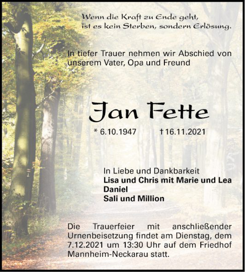  Traueranzeige für Jan Fette vom 04.12.2021 aus Mannheimer Morgen