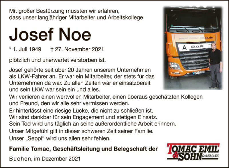  Traueranzeige für Josef Noe vom 04.12.2021 aus Fränkische Nachrichten