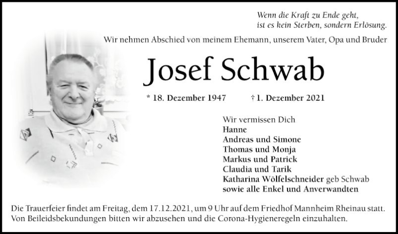  Traueranzeige für Josef Schwab vom 11.12.2021 aus Mannheimer Morgen