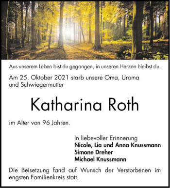 Traueranzeige von Katharina Roth von Bergsträßer Anzeiger