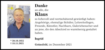 Traueranzeige von Klaus Kirchner von Fränkische Nachrichten