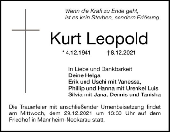 Traueranzeige von Kurt Leopold von Mannheimer Morgen