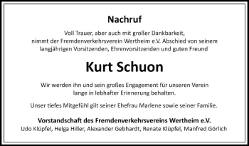 Traueranzeige von Kurt Schuon von Fränkische Nachrichten
