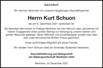 Traueranzeige von Kurt P. Schuon von Fränkische Nachrichten