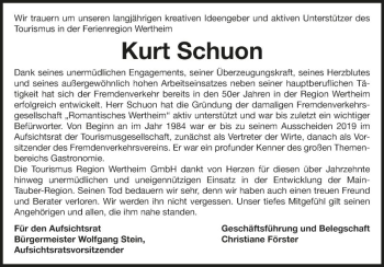 Traueranzeige von Kurt P. Schuon von Fränkische Nachrichten
