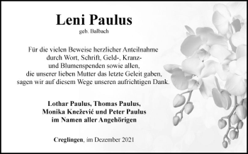 Traueranzeige von Leni Paulus von Fränkische Nachrichten