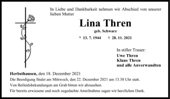 Traueranzeige von Lina Thren von Fränkische Nachrichten