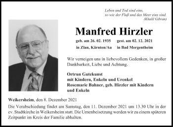 Traueranzeige von Manfred Hirzler von Fränkische Nachrichten