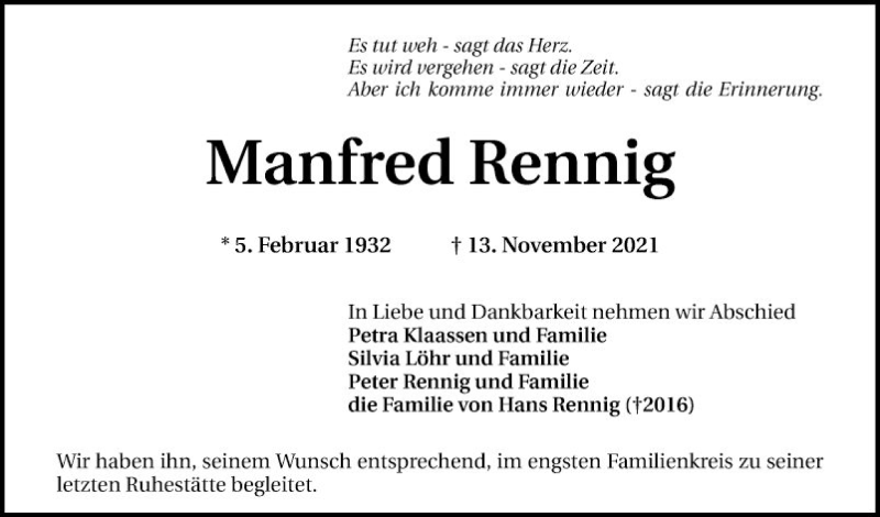  Traueranzeige für Manfred Rennig vom 04.12.2021 aus Schwetzinger Zeitung