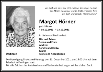 Traueranzeige von Margot Hörner von Fränkische Nachrichten
