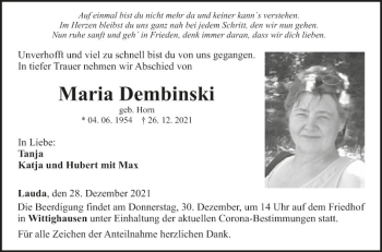 Traueranzeige von Maria Dembinski von Fränkische Nachrichten