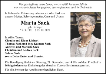 Traueranzeige von Maria Sack von Fränkische Nachrichten