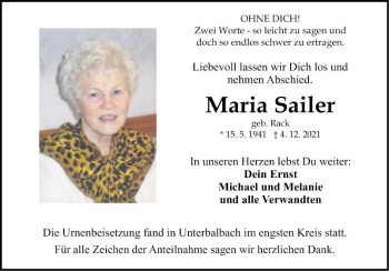Traueranzeige von Maria Sailer von Fränkische Nachrichten