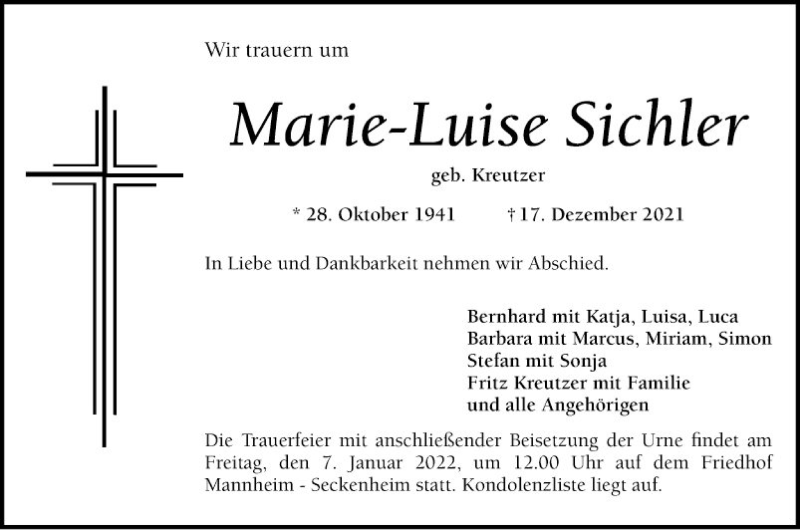  Traueranzeige für Marie-Luise Sichler vom 24.12.2021 aus Mannheimer Morgen