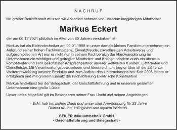Traueranzeige von Markus Eckert von Fränkische Nachrichten