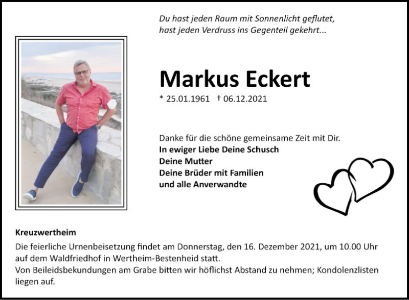  Traueranzeige für Markus Eckert vom 11.12.2021 aus Fränkische Nachrichten