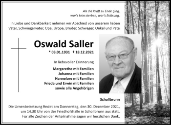 Traueranzeige von Oswald Saller von Fränkische Nachrichten