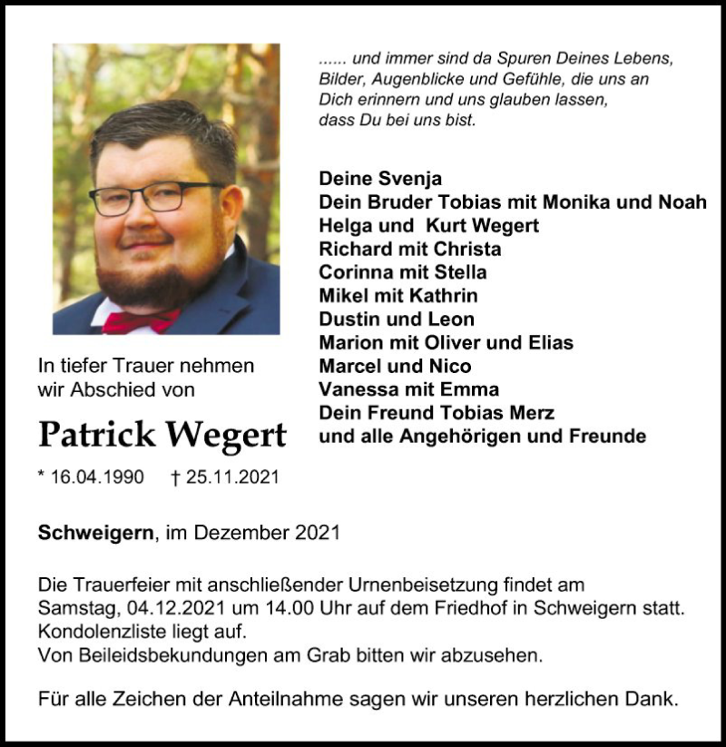  Traueranzeige für Patrick Wegert vom 02.12.2021 aus Fränkische Nachrichten