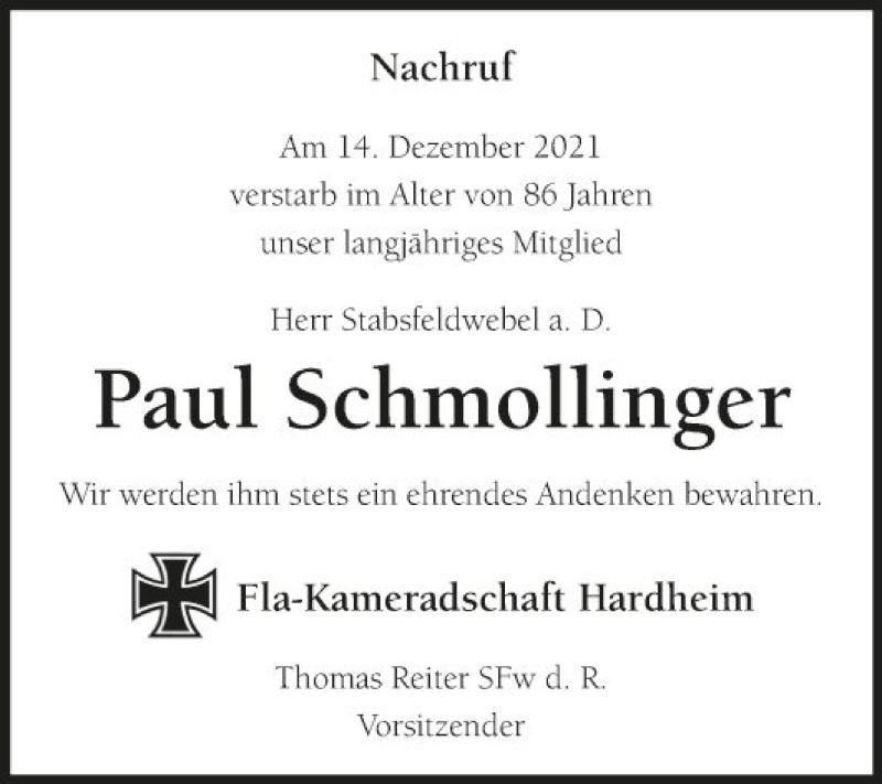  Traueranzeige für Paul Schmollinger vom 18.12.2021 aus Fränkische Nachrichten